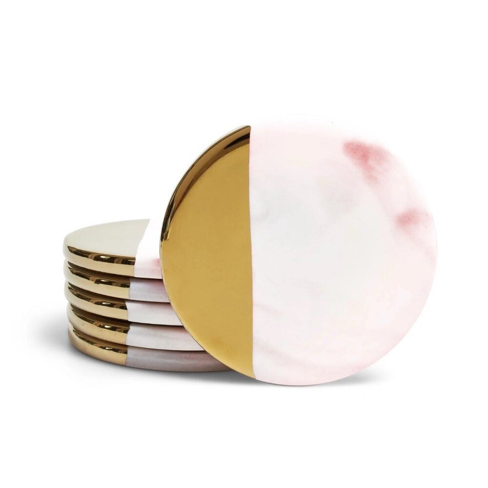 Luxury Pink And White Marble Gold Accent Round Beverage Coasters - Set Of 6